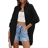 FSHAOES Womens Oversized Button Down Shirts Casual Loose Long Sleeve Solid Lapel Long Blouses Tops with Pockets