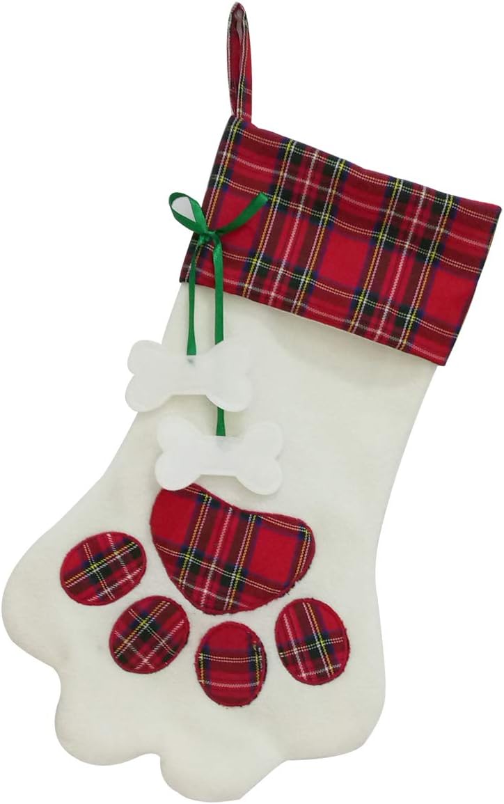 Stockings & Holders - SherryDC Dog Paw Christmas Stockings, Plush & Plaid Hanging Socks for Holiday and Christmas Decorations, Red