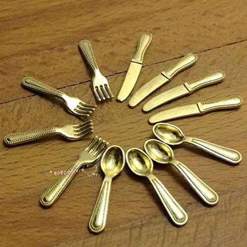 Bobominiworld 4 Sets Metal Knife Spork Spoon Dollhouse Miniatures Decoration 1:12 Scale Length 2cm Golden