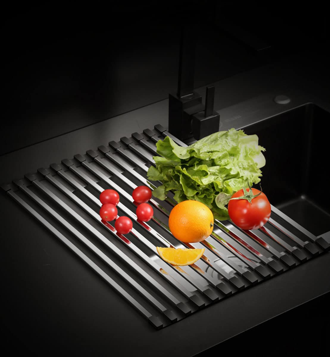 Collapsible Dish Drying Rack Stainless Steel Roll Up Sink Dishes Drying Rack, Oversize Kitchen Foldable Bottle Drainer Rack (16 Tube 50 * 38 cm)