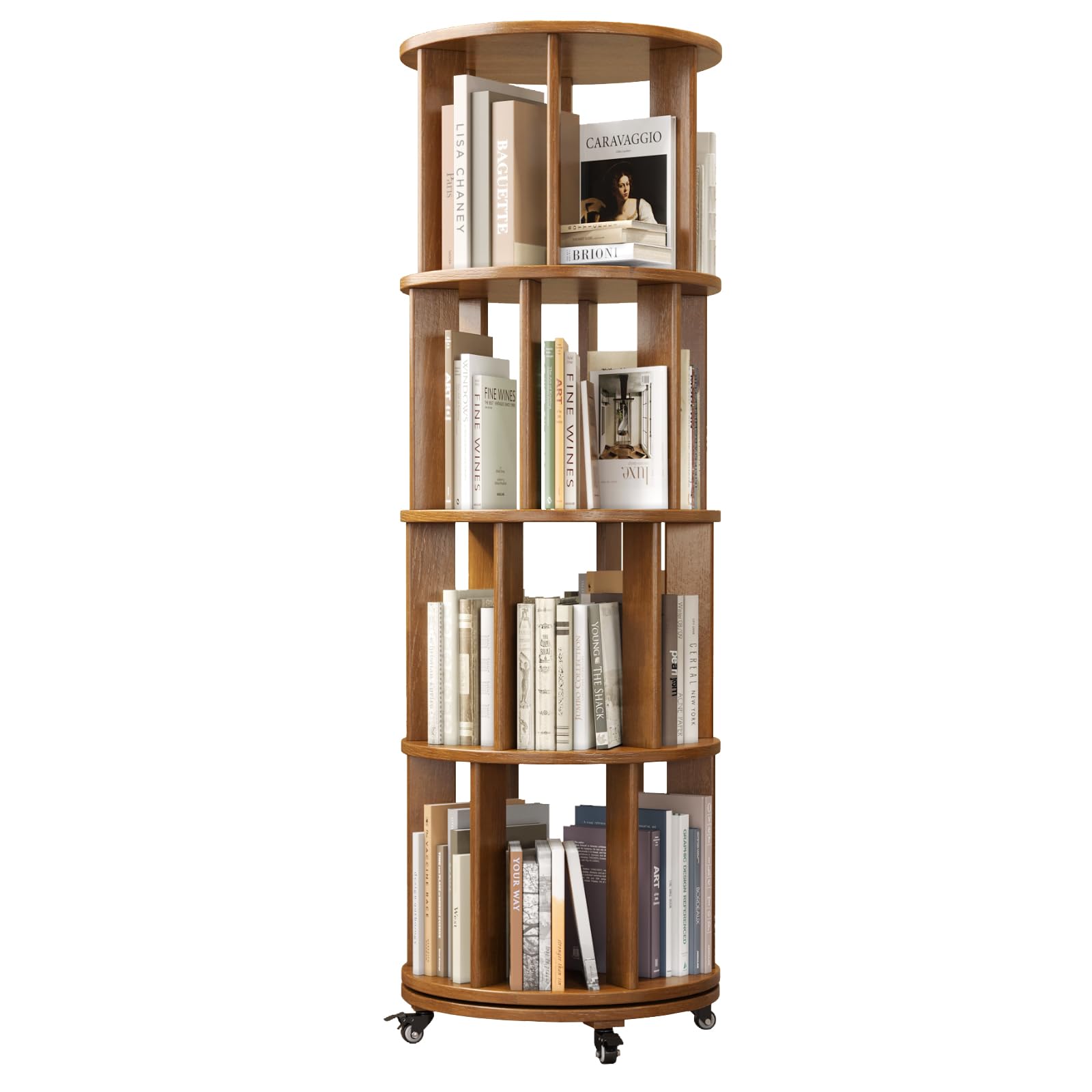 Photo 1 of 4 Tier Rotating Bookshelf Tower Spinning Bookshelf with Swivel Wheels Book Shelf Rotating Storage Tower for Kids Adult Narrow Walnut Solid Wood Revolving Bookcase Organizer for Bedroom Living Room