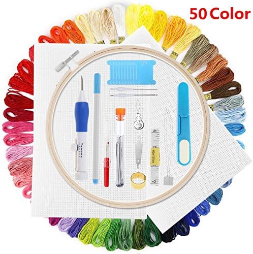 Embroidery Pen Punch Needle, Embroidery Pen Set, Rainbow Color Embroidery Floss, Full Range of Knitting Sewing Tool for DIY Sewing Knitting 50 Color Threads with Hoop