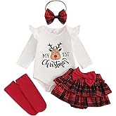 Gueuusu My First Christmas Baby Girl Outfits Newborn Long Sleeve Romper + Plaid Tutu Skirt + Leg Warmer + Headband Outfit Set