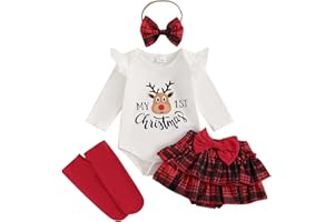 FYBITBO Newborn Baby Girl Christmas Outfits Cute Letter Romper Ruffle Plaid Skirt Dress Infant Christmas Outfit Clothes Set