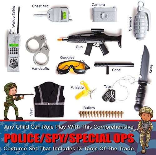 KidzLand 13 Pcs Police Costume for Kids | Real Heros with Toy Role Play Kit