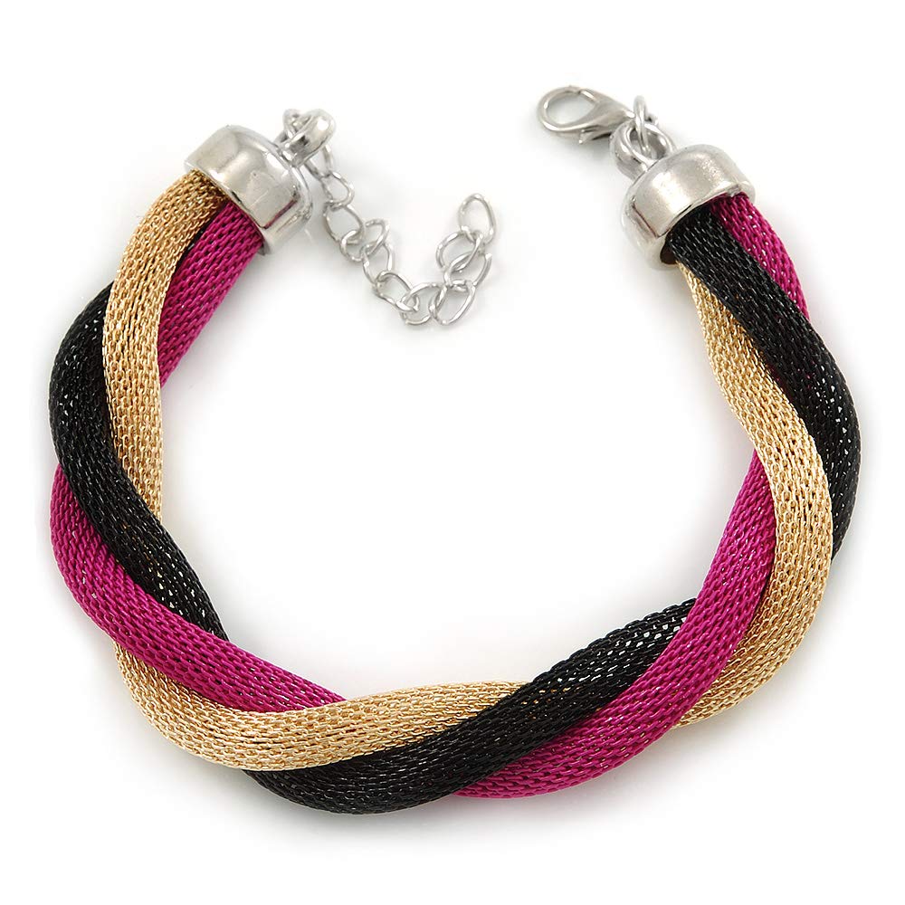 Avalaya Black/Fuchsia/Gold Twisted Mesh Bracelet/Silver Tone/ 16cm L/ 4cm Ext