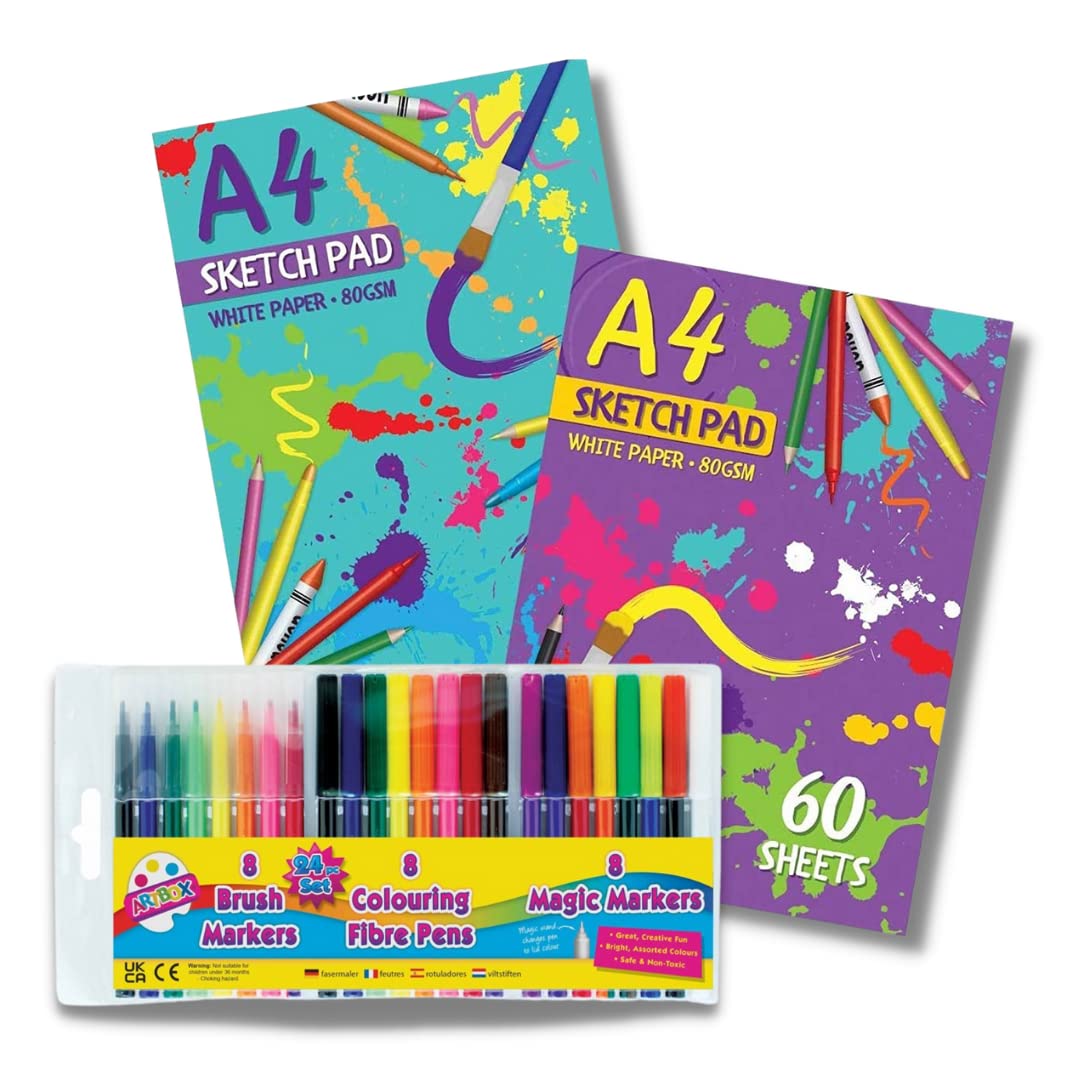 2 Packs A4 Sketch Pad 60 Sheets 80gsm Thick White Paper with 24 Colouring Pens for Kids - 8X Brush Pens, 8X Fibre Tip pens, 8X Magic Pens for Kids | Safe, Non-Toxic | Drawing Set for Kids