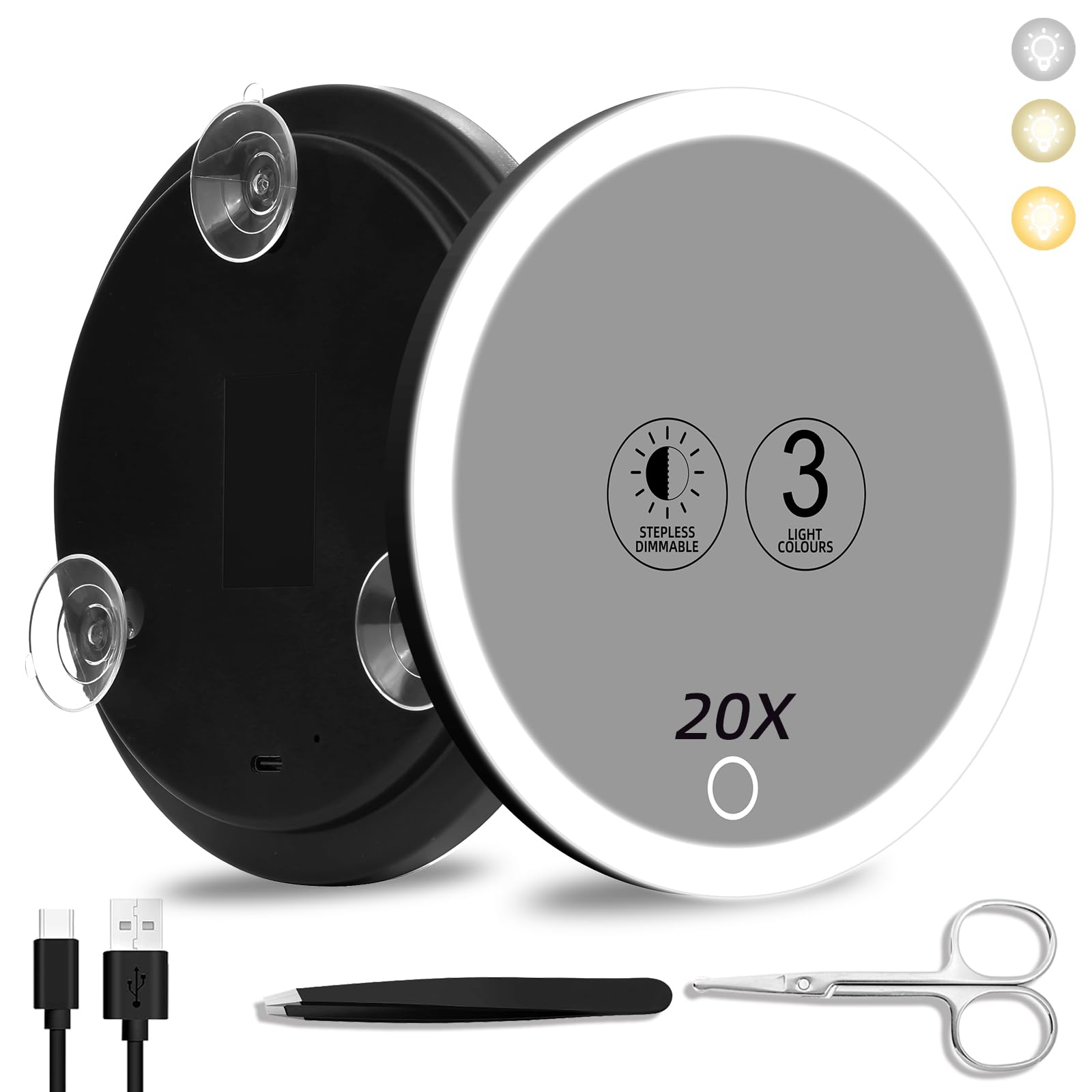 Suupvaor 20x Magnifying Mirror With Light, 3 Colors Dimming Lighted With 3 Suction Cups, Travel Light Up High Magnification Makeup Mirror With Tweezers Scissors
