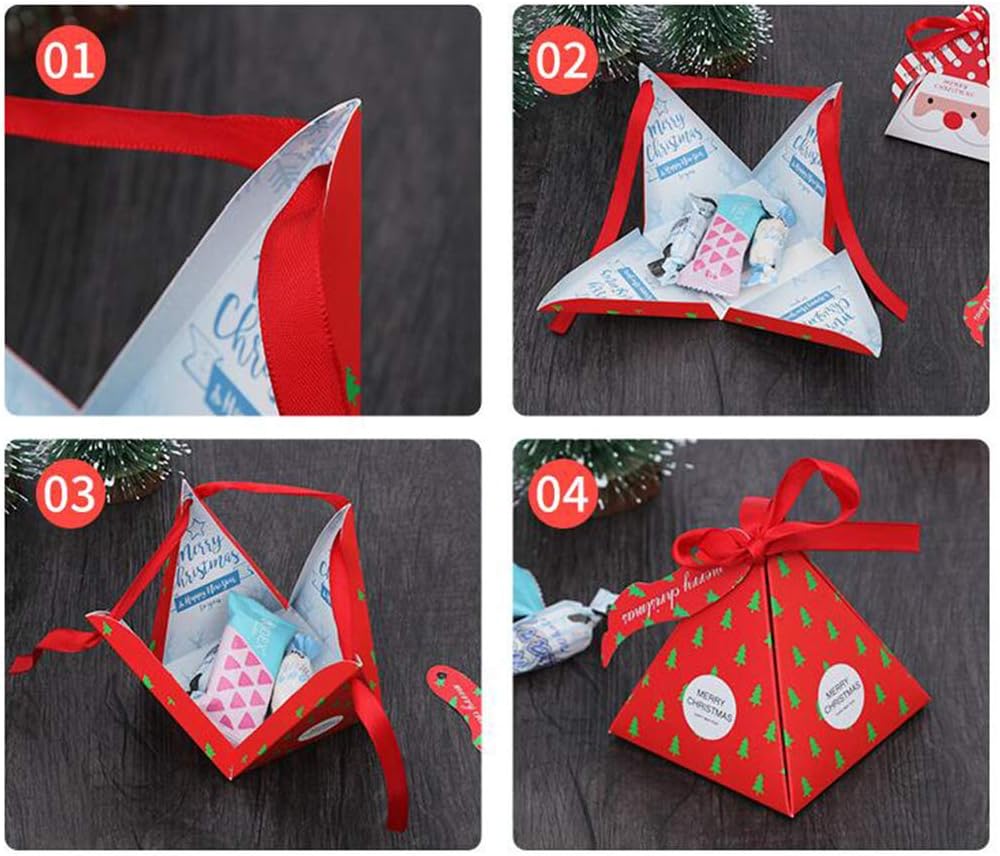 Pack of 50 Christmas Candy Boxes Tree Pattern Pyramid Candy Box Wrapping Bags Birthday Small Christmas Tree Santa Claus Reindeer Favour Xmas Candy Boxes - Image 4