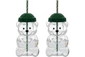 Bear Straw Cup, 20oz Bear Glass Cup with Lid and Straw, Cute Mugs for Shower Party Favors, Christmas, Birthday Gift (2, Green