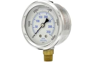 PIC Gauges PRO-201L-254R 0-5000 PSI Pressure Gauge, 2 1/2" Dial, 1/4" Male NPT Connection, Bottom Mount, Dual Scale, Glycerin Filled, Stainless Steel Case/Bezel, Brass Internals & Plastic Lens