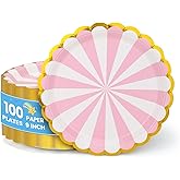 100Pcs Pink Paper Plates - 9 inch Scalloped Edged Pink Disposable Plates for Party, Round Dinner Dessert Plate for Birthday, Wedding, Baby Shower Decoration, Holidays, Picnics Supplies