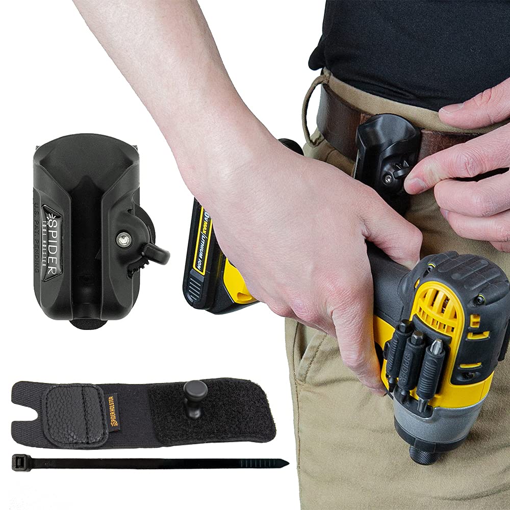 Spider Tool Holster Set - Self Locking, Quick Draw Belt Holster Clip + Elastic Tool Grip - Improve The Way You Carry Your Power Drill, Driver, Multitool, Pneumatic, Flashlight, Hammer, Saw and More!