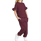 Jimonda Kids Girls Outfits Ruffle Sleeve T-Shirt and Pants Set with Side Pockets Clothing Set 2 Piece 4-13 Years Old