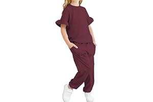 Jimonda Kids Girls Outfits Ruffle Sleeve T-Shirt and Pants Set with Side Pockets Clothing Set 2 Piece 4-13 Years Old