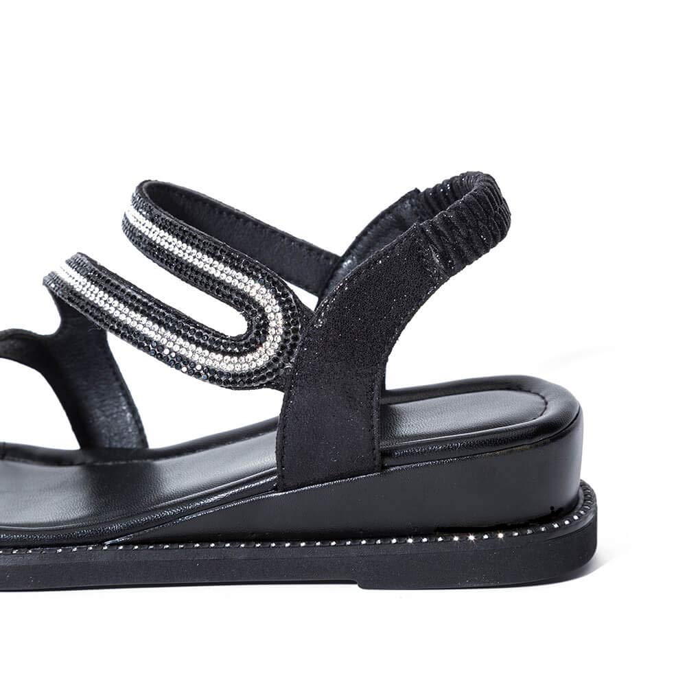 Yolanda Zula Women‘s Elastic Heel Rhinestones Flat Sandals Black Wedge Summer Shoes (7)