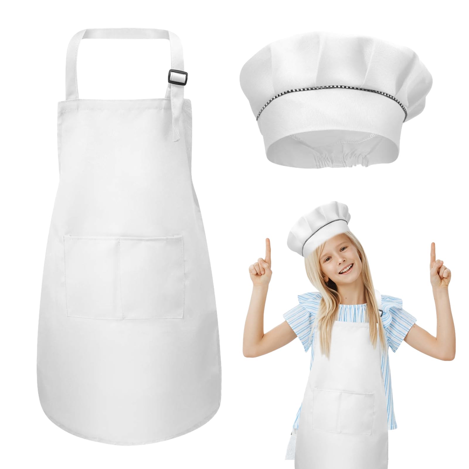 kissral Kids Apron + Chef Hat Set, Children Adjustable Kitchen Chef Apron with Pockets for Cooking Baking Painting 4-12 Years Old