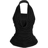 OYOANGLE Women's Plus Size Draped Front Ruched Sleeveless Halter Top Drawstring Backless Fitted Going Out Tops