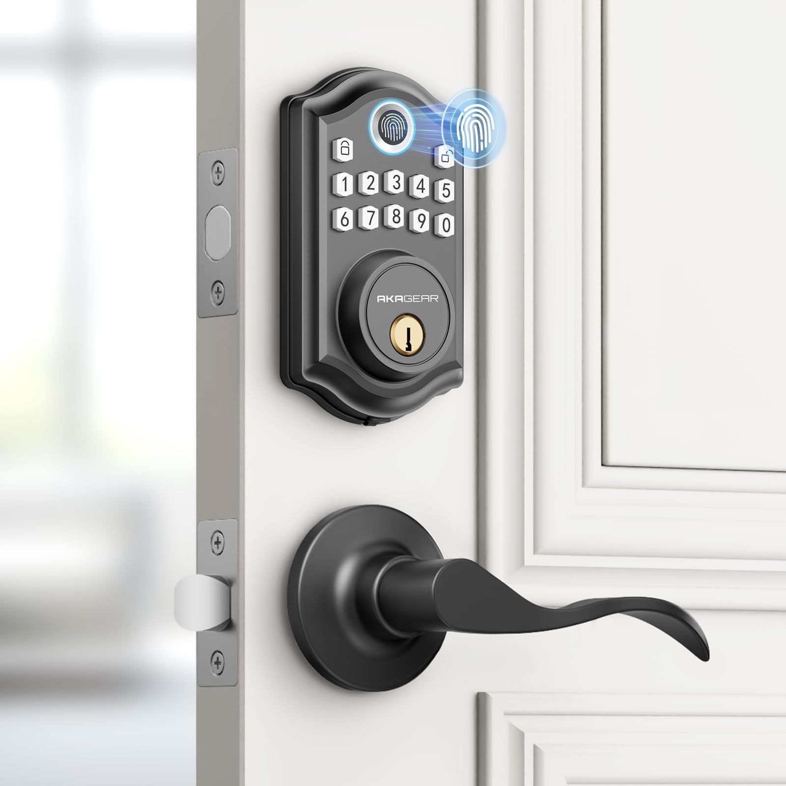 AkaGear DS10 Keyless Entry Door Lock with Handle – 2 Lever Handles, Fingerprint Door Lock, Keypad Deadbolt, 2 Keys, Code, Smart Locks for Front Door, Auto-Lock, Easy Installation – Matte Black