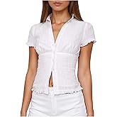 Women Slim Short Sleeve Button Up Shirt Solid Color Fitted Button Down Blouse Vintage Basic Collared Ruched Top