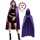 Women Raven Cosplay Costume Deluxe Jumpsuit Purple Hooded Cloak with Red Stones Chain for Cosplay Suit for Adult