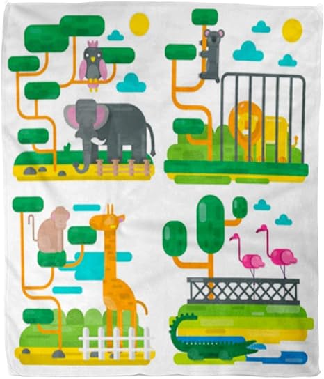 Amazon Co Jp スローブランケット動物園動物と鳥漫画フラット象ワニ猿コアラ60x80インチ暖かいソファ用のファジィソフトブランケット 1x150 ホーム キッチン