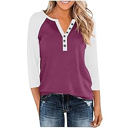 3/4 Length Sleeve Womens Tops Cotton Dressy V Neck