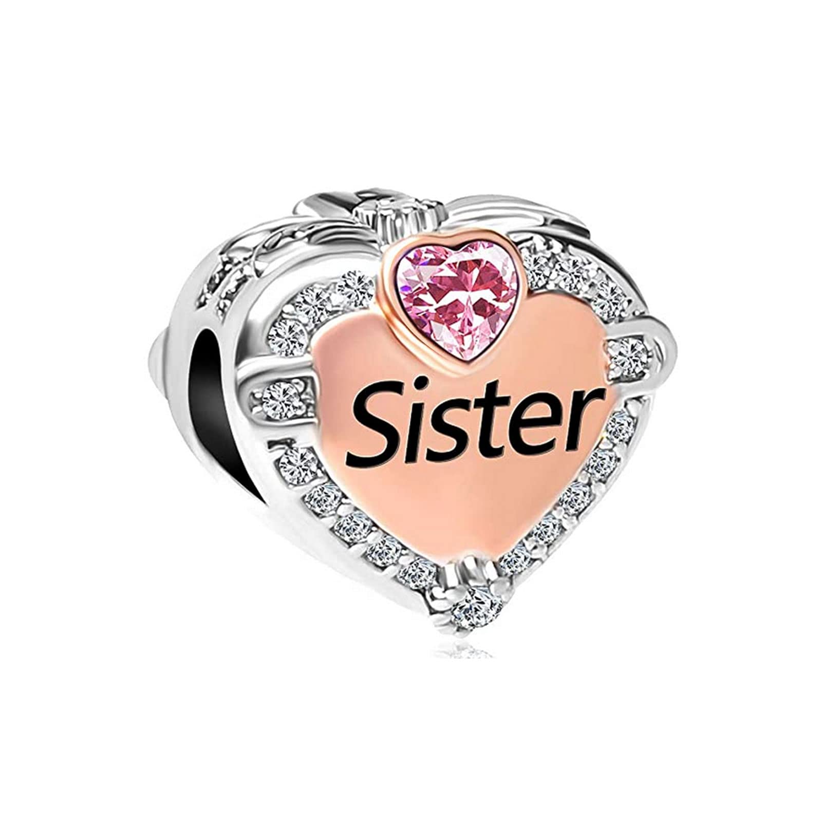 KunBead Jewelry Pink Crystal Soul Sister Love Heart Bead Charms Compatible with Pandora Bracelets
