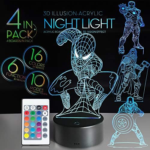4IN1 3D Avengers Night Light Visual Marvel Comic Super Hero 7 Colors LED Light Changing Remote Control Night Lamp Birthday Christmas Gift Soft Safe Light for Kids (4IN1) (Avengers)