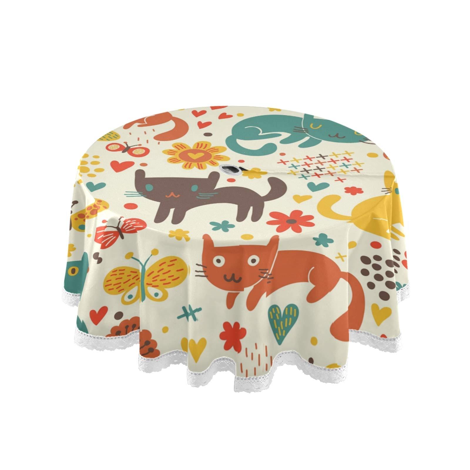 JUMBEAR Round Tablecloth Polyester Circular Table Cloth Beautiful Water Resistant Spill Proof Large Table Cover for Dining Kitchen Party 60inch (cat)