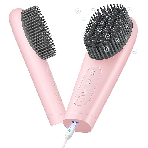 Kpuplol Cordless Hair Straightener Brush, 2025 Update Portable Straightening Brush for Travel, Mini Ionic Hot Comb Straightener for Women, 30s Heat-up, for Thick, Thin, Curly Hair(Pink)