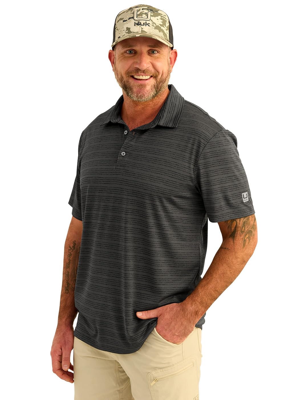 HUK Men’s Standard Pursuit Pattern, Performance Short Sleeve Polo Shirt, Black