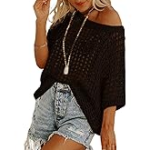 Melliflo Womens Fashion Sweater Casual Off The Shoulder Short Sleeve Hollow Out Sweater Pullover Knit Tops