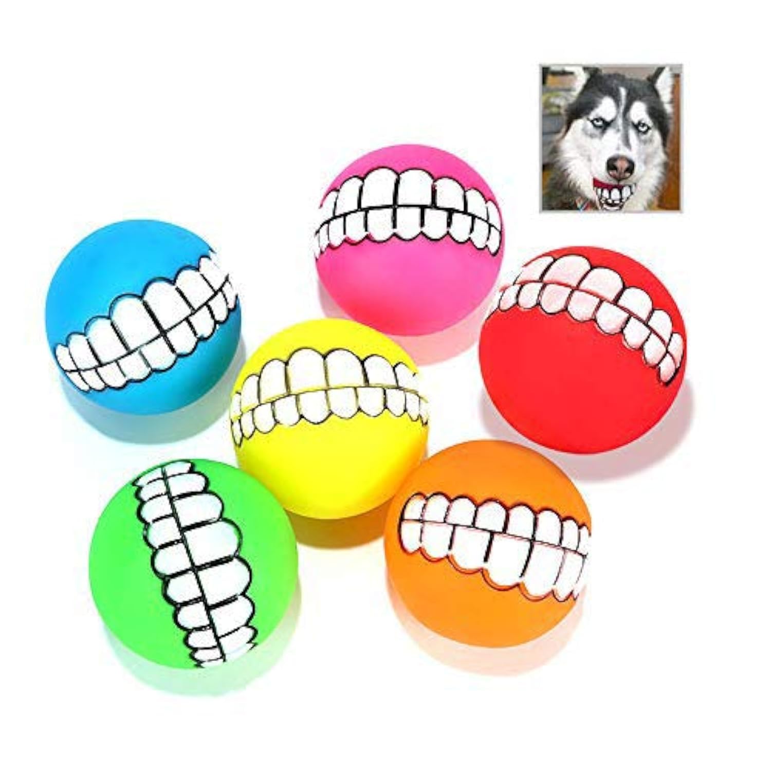Tuciyke Funny Dog Teeth,6 Pack Funny with Teeth Pattern Squeaky Sound Chew Toy Smile Dog Ball for Small Cats/Dogs/Interactive Pet(Random Color)