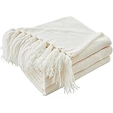 CozeCube Chenille Throw Blanket for Couch, Cozy Plush Fuzzy Decorative Cream White Blanket with Fringe Tassels, Lightweight Throws for Bed Sofa Gift Home Decor, 50"X60"
