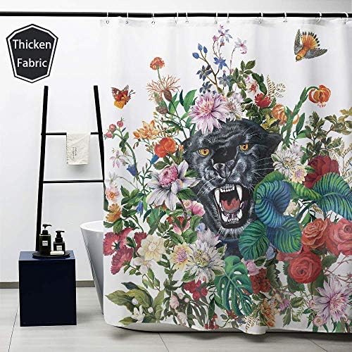 Obal Black Panther Decor Shower Curtain, Pink Cream Red Green Floral Theme Bathroom Curtains Water Repellent Mould Free Polyester Fabric Heavy Weight With Curtain Hooks Machine Washable, 180cm X 180cm