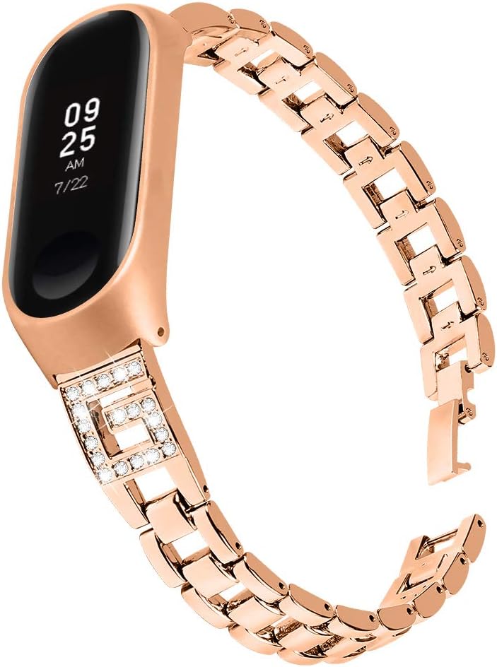 Shelily Compatible With Xiaomi mi band 3-mi band 4 Watchband Smart Bracelet G-type Metal Diamond Stainless Steel Watch Belt Black