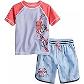 Marvel Spiderman Boys Swim Trunks and Rash Guard Set - Spidey Toddler Boys Swimsuit Swimwear - 3T Light Blue