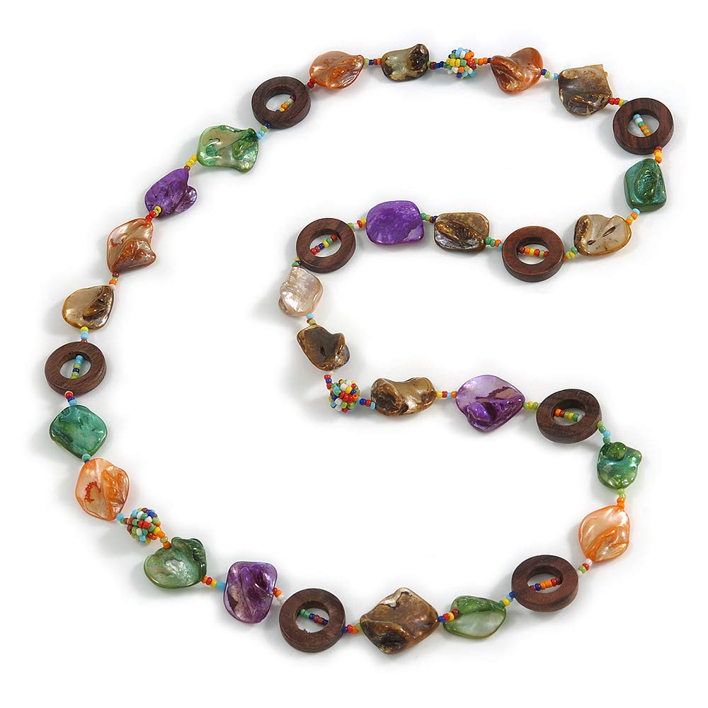 Avalaya Multicoloured Shell, Brown Wood Ring and Glass Beads Necklace - 80cm Long