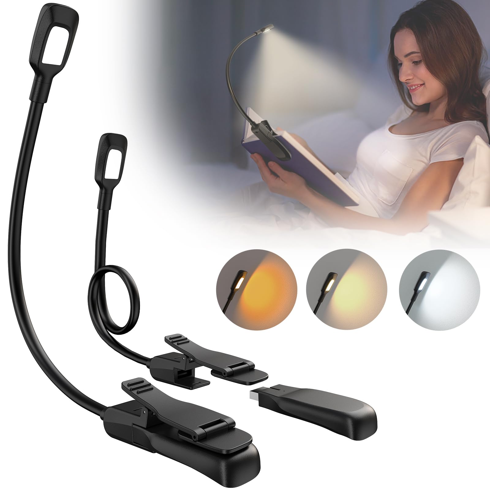 Yifacoom 16 LED Reading Light, Clip on Book Light for Reading at Night in Bed with 3 Eye-Protecting Modes (Amber&Warm&Natural), Detachable USB Charging Book Lamp, Memory Function&Stepless Dimming