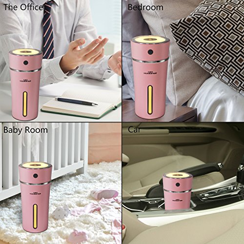 Rechargeable Air Humidifier Pink - Azmall Car Humidifier 300ml Portable Ultrasonic Cup Humidifier for Car Home Office Baby Living Room Office Yoga with Automatic Shut off, Night Light Function - Thumbnail 5