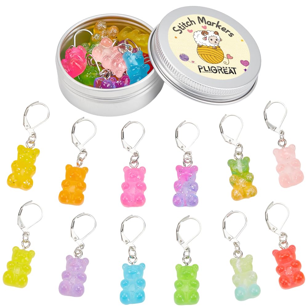 PLIGREAT 12 Pcs Candy Color Gummy Bear Charms Crochet Stitch Markers Knitting Row Counter Locking Marker with Storage Box for Grandma Mom Gift Knitting Tool Kit DIY Craft Jewelry Making Accessories