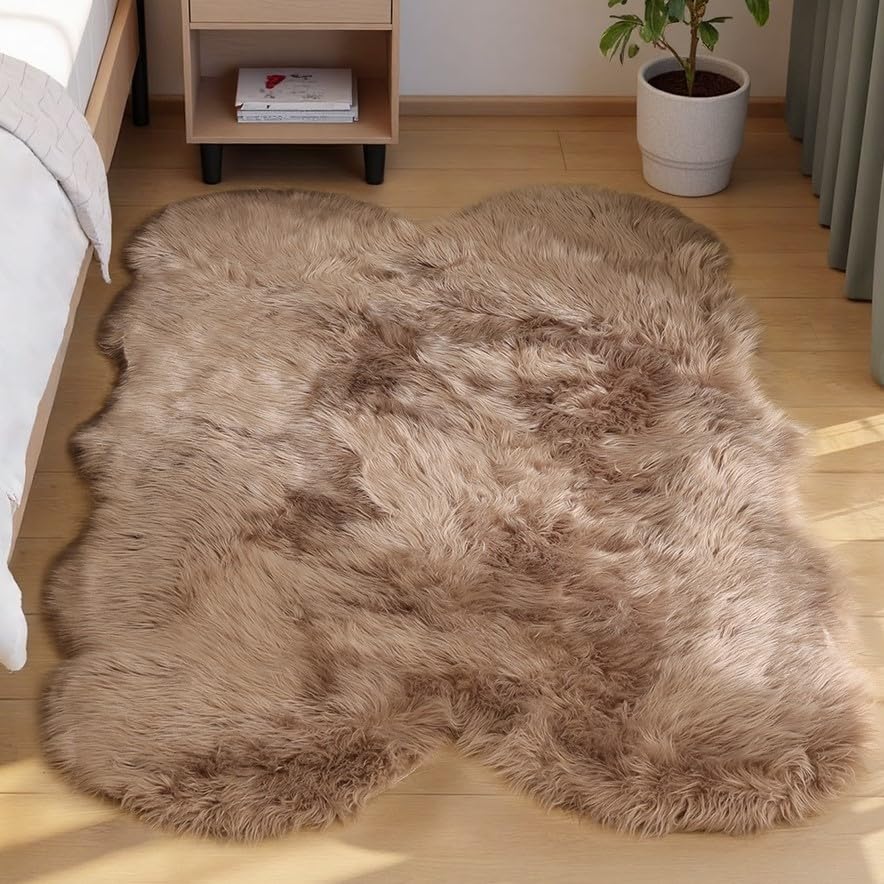 Photo 1 of Goolela Faux Sheepskin Fur Rug Light Brown Beige Fluffy Rug 4x6 Carpet for Bedroom Fuzzy Furry Soft Rugs PlayRoom Shaggy Plush Washable Sheepskin