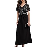 Ever-Pretty V-Neck Sequin Formal Dresses for Women Short Sleeves Ruched Evening Gown Mother of Bride Dress 02656