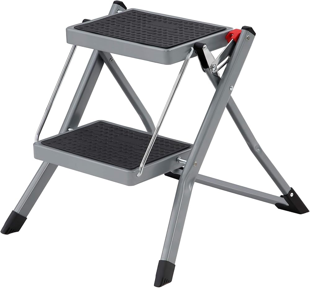 SONGMICS 2 Step Folding Ladder 150 kg Steel Grey Black
