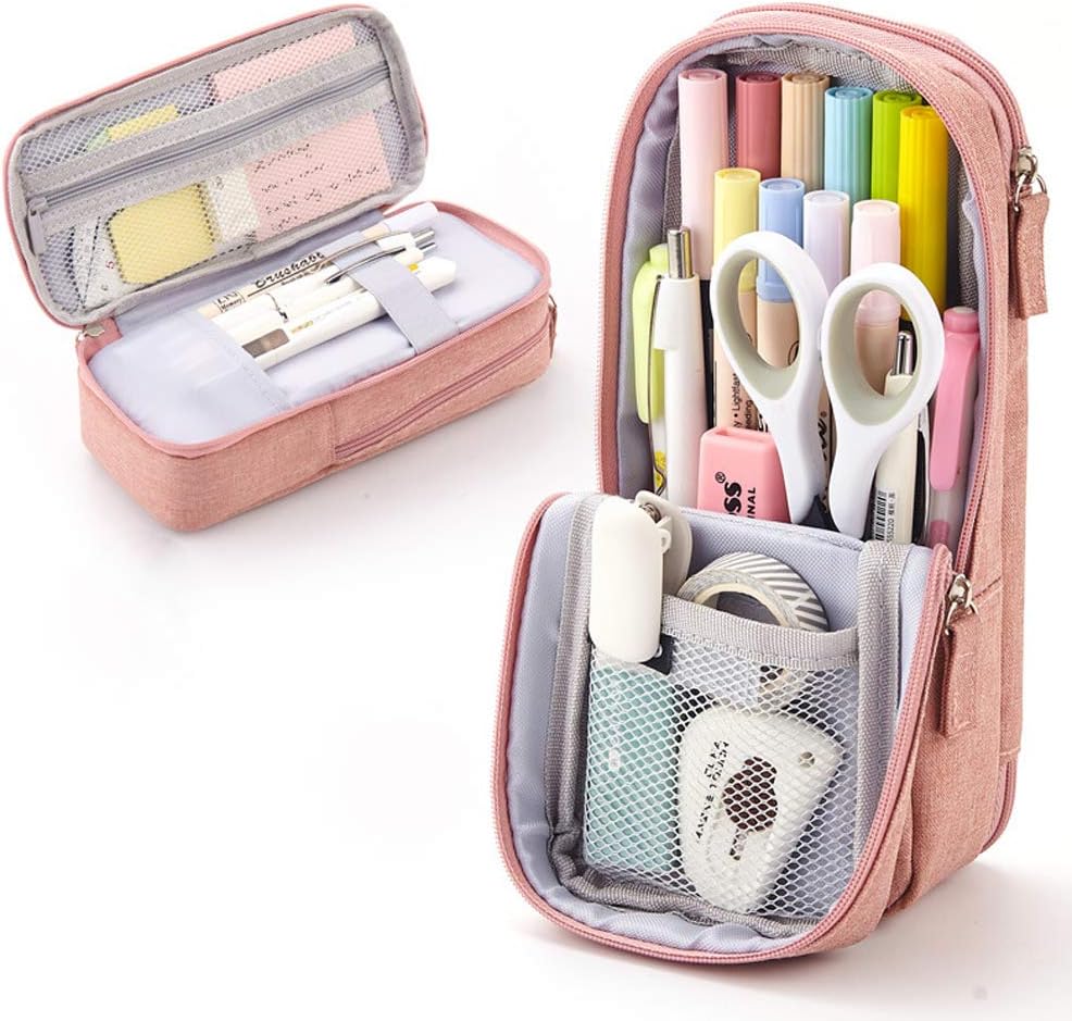 iSuperb 2 Layer Standing Pencil Case Phone Support Stand Up Pen Pouch Fold Down Pen Houder Double Pen Holder with Zipper