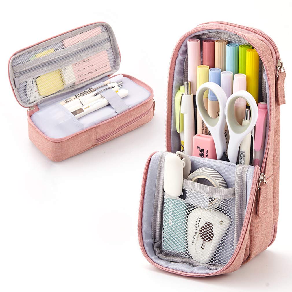 iSuperb 2 Layer Standing Pencil Case Phone Support Stand Up Pen Pouch Fold Down Pen Houder Double Pen Holder with Zipper, Office School Desk Stationery Organizer Slide Stand Pencil Bag (Pink)