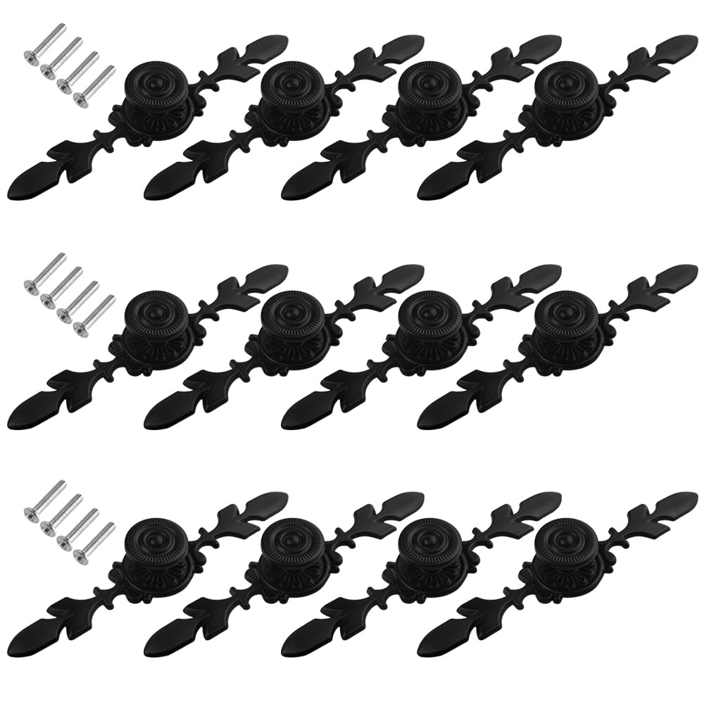 WMYCONGCONG 12Pcs 6.5" Kitchen Cabinet Drawer Knobs Vintage Black Drawer Pulls Door Knobs with Plate Antique Dresser Handles for Furniture Closet Wardrobe Furniture Door, Floral Pattern Black