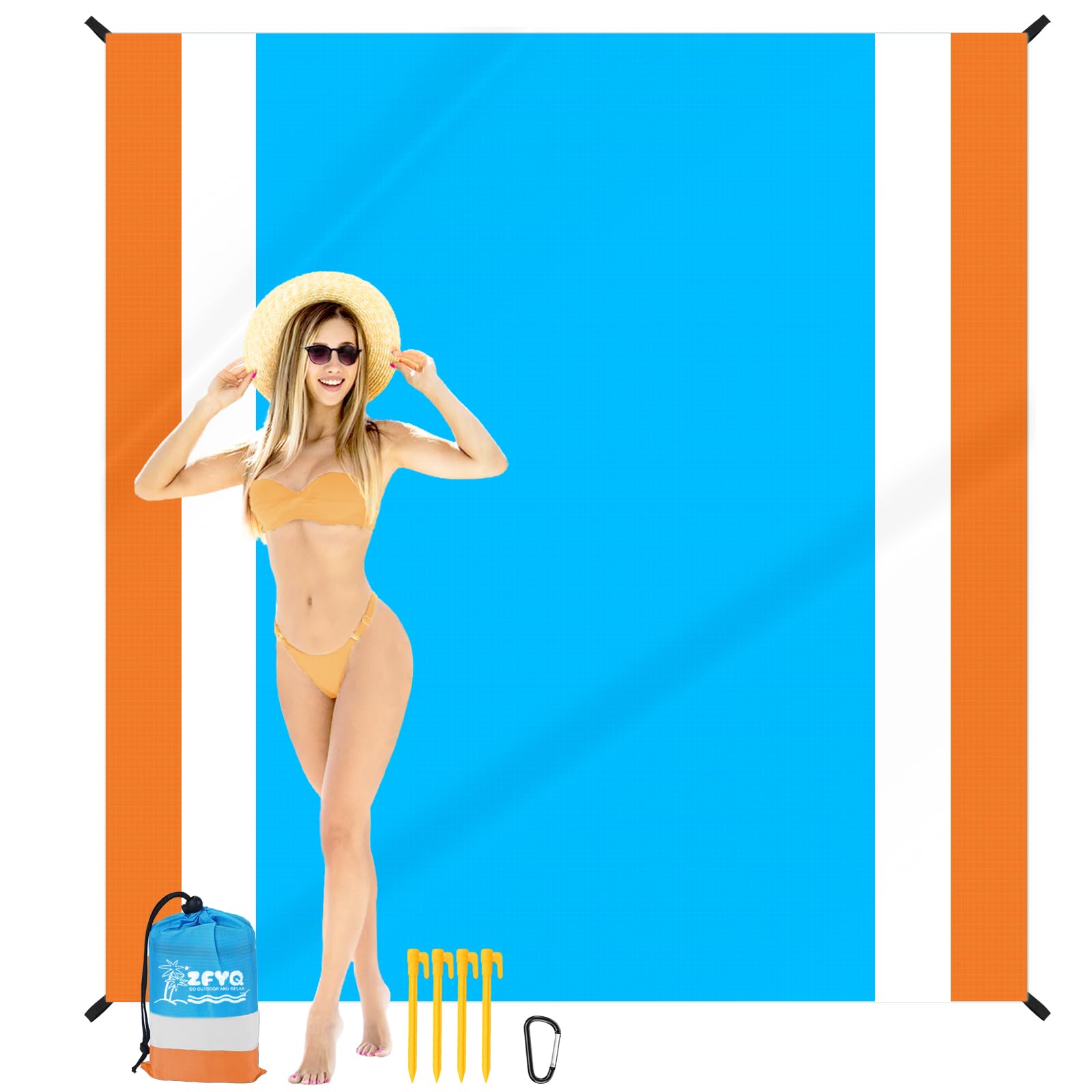 ZFYQ Picnic Blanket 200 x 210 cm, Waterproof Lightweight Compact Beach Blanket with 4 Pegs for Beach, Camping, Picnic and Outdoor Travel