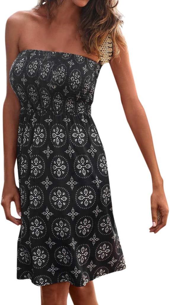 PASATO Women High Waist Halter Neck Boho Print Sleeveless Off-Shoulder Casual Mini Beachwear Dress Sundress